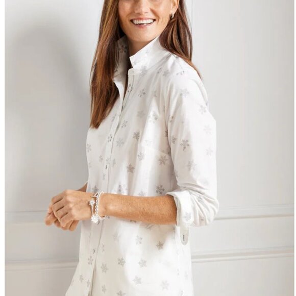 Talbots White Cotton Button Down Foil Silver Snowflake Novelty Print Size 1X NWT - Picture 1 of 6